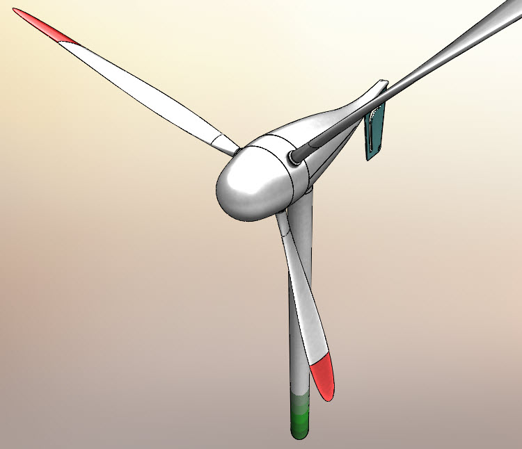 Perspektivní pohled dělá dojem větší hloubky modelu (větrná elektrárna)