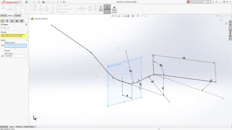 Zrcadlení entit ve 3D skice (Mirror 3D sketch). Entity 2D a 3D skici mohou být zrcadleny podle primární roviny nebo referenční geometrie (Ref planes as symetry reference in 2D and 3D sketch)