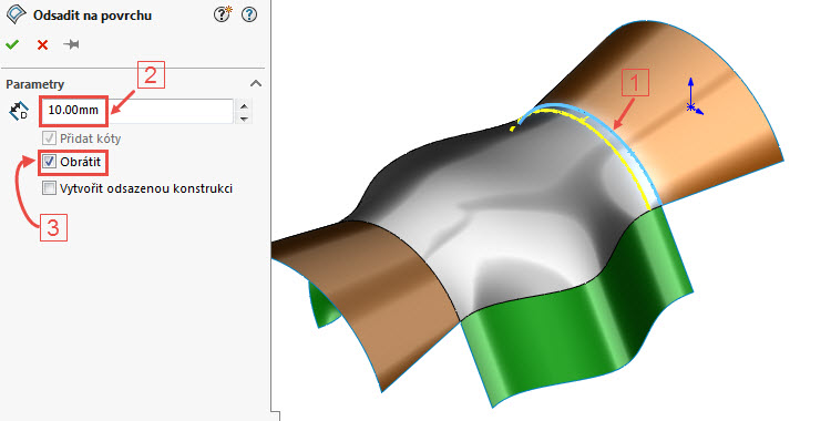 3-odsazeni-curved-surface-na-3D-povrchu-SolidWorks-2017-novinky