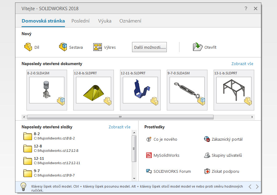 1-SOLIDWORKS-2018-uvitaci-okno-vitejte-naposledy-otevrene-soubory