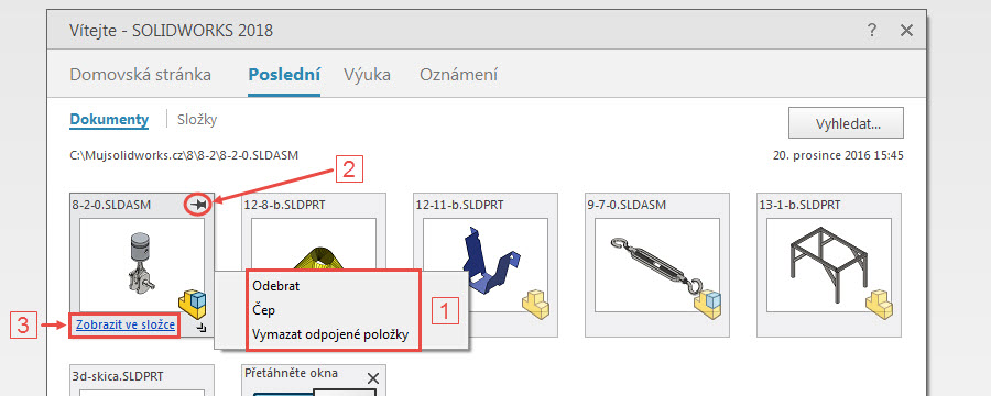 11-SOLIDWORKS-2018-uvitaci-okno-vitejte-naposledy-otevrene-soubory