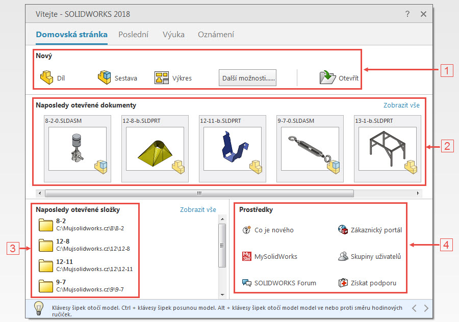 5-SOLIDWORKS-2018-uvitaci-okno-vitejte-naposledy-otevrene-soubory