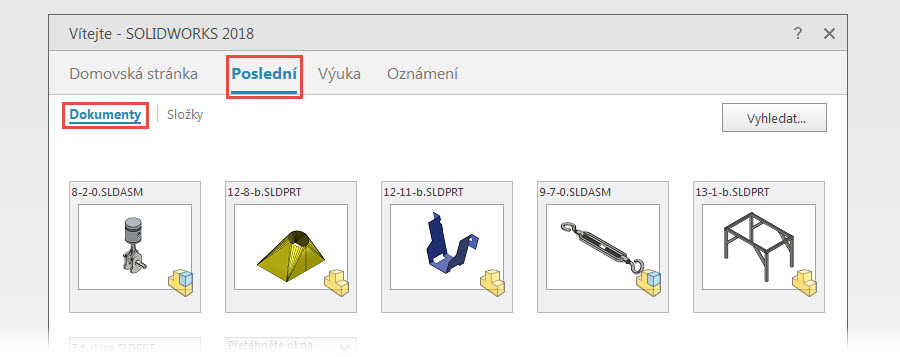 7-SOLIDWORKS-2018-uvitaci-okno-vitejte-naposledy-otevrene-soubory