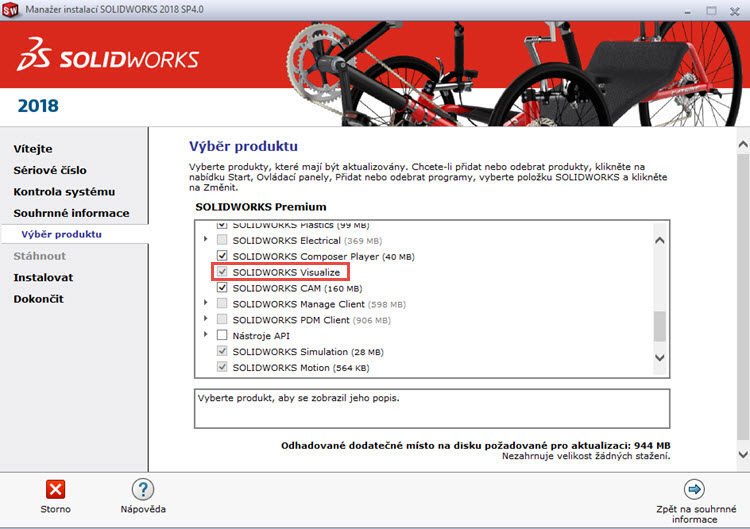 SOLIDWORKS Visualize nainstalujete s pomocí Manažera instalací