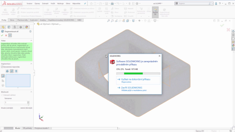 Nový dialog SOLIDWORKSu se zobrazí potom, co Microsoft Windows zjistí, že SOLIDWORKS přestal reagovat